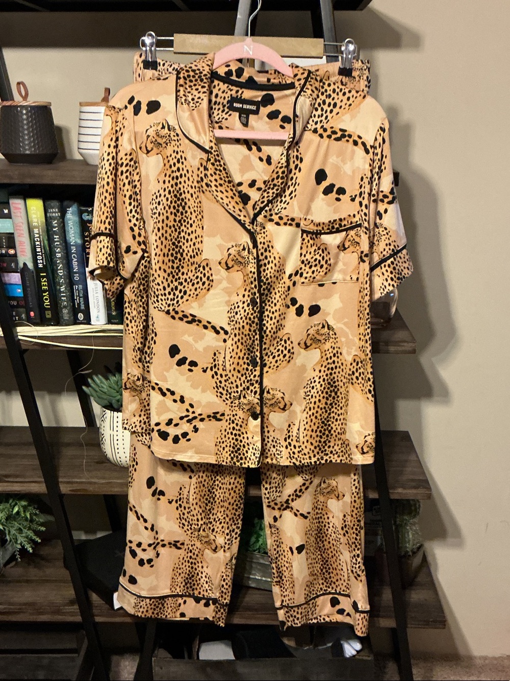 Cheetah Print Pajama Set - Button Front Top & Pants Size M